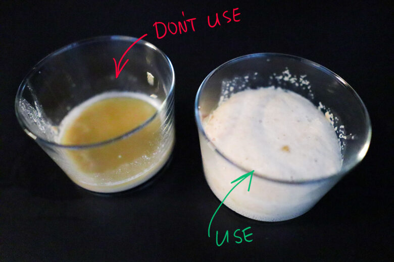 A photo that demonstrates how to test if yeast is still active depicting a glass cup of dead yeast on the left and one with alive yeast on the right.