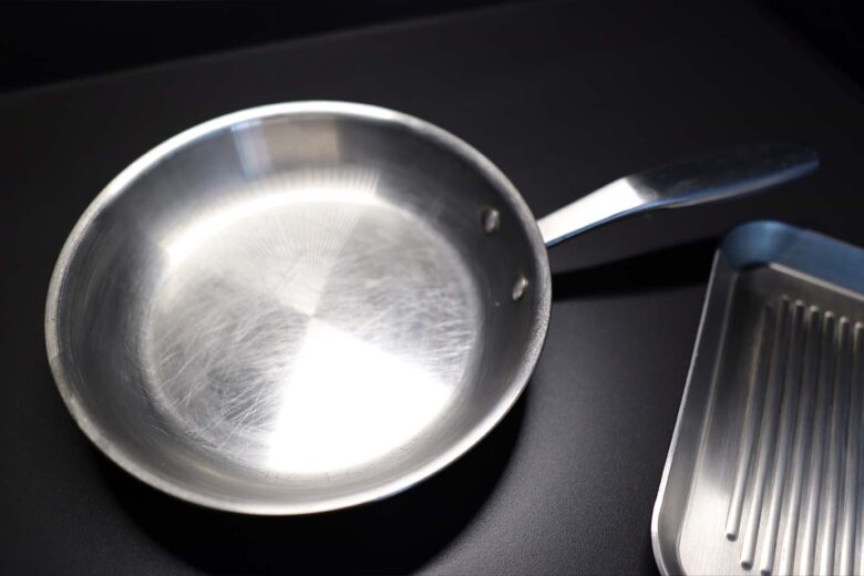 A photo of a stainless steel skillet